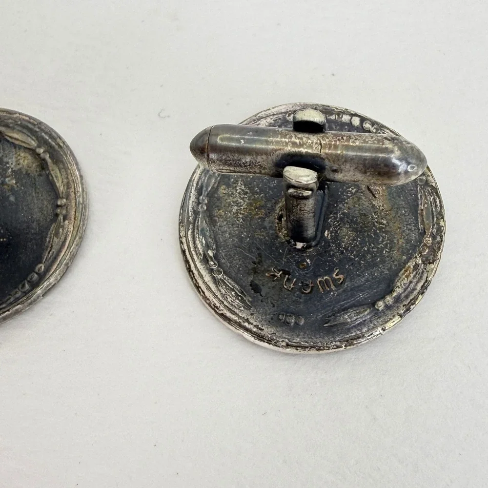 Swank Vintage Mercury God Roman Mythology Silver Tone Round Cufflinks Patina